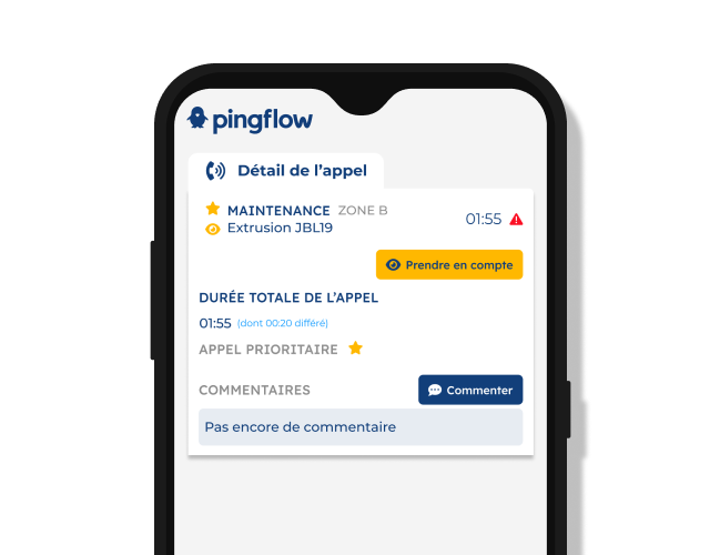 screenshot de l'application mobile montrant un appel andon en cours avec un bouton prendre en compte et commenter